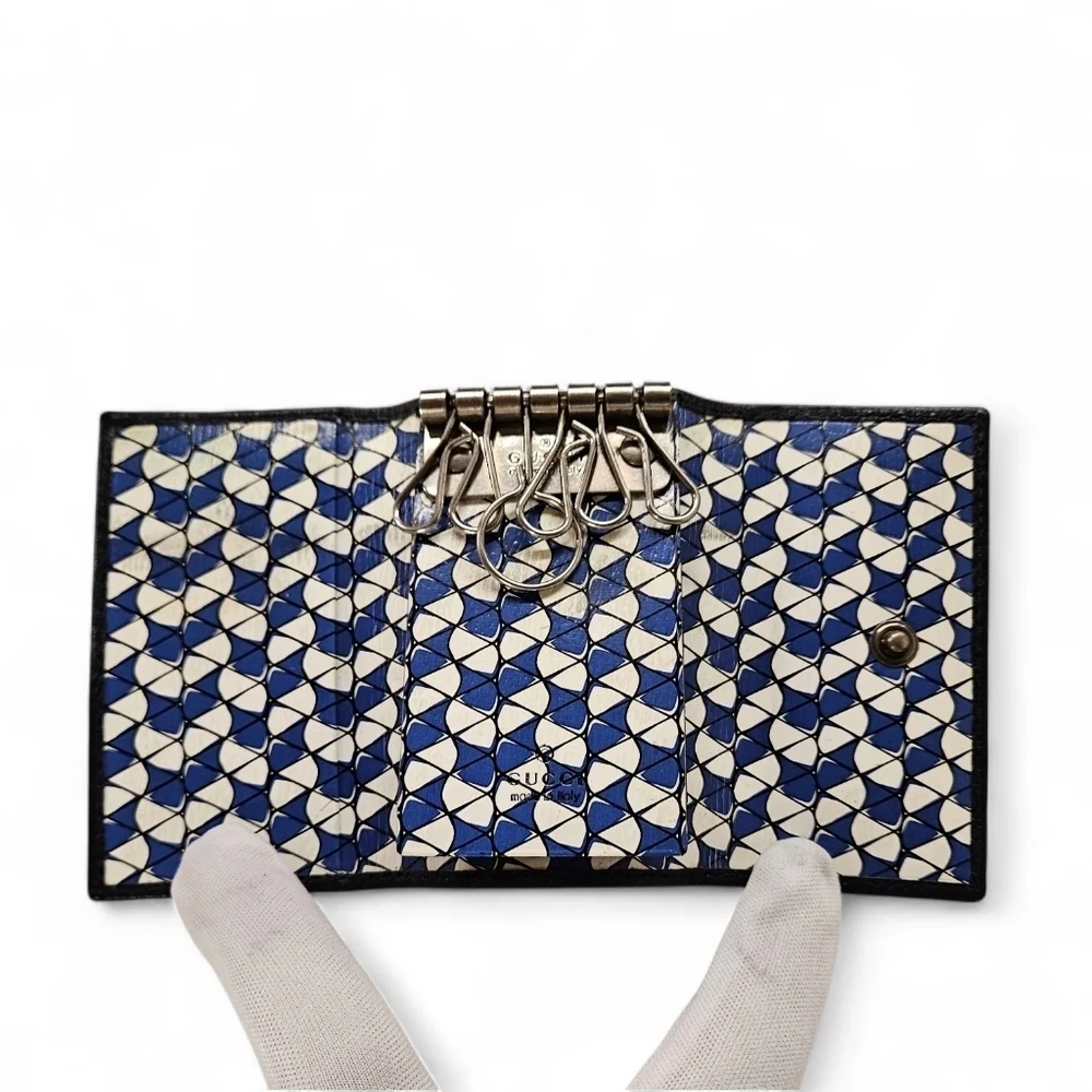 Gucci Leather Keyholder And Compact Wallet In Navy Blue And Silver Monogram